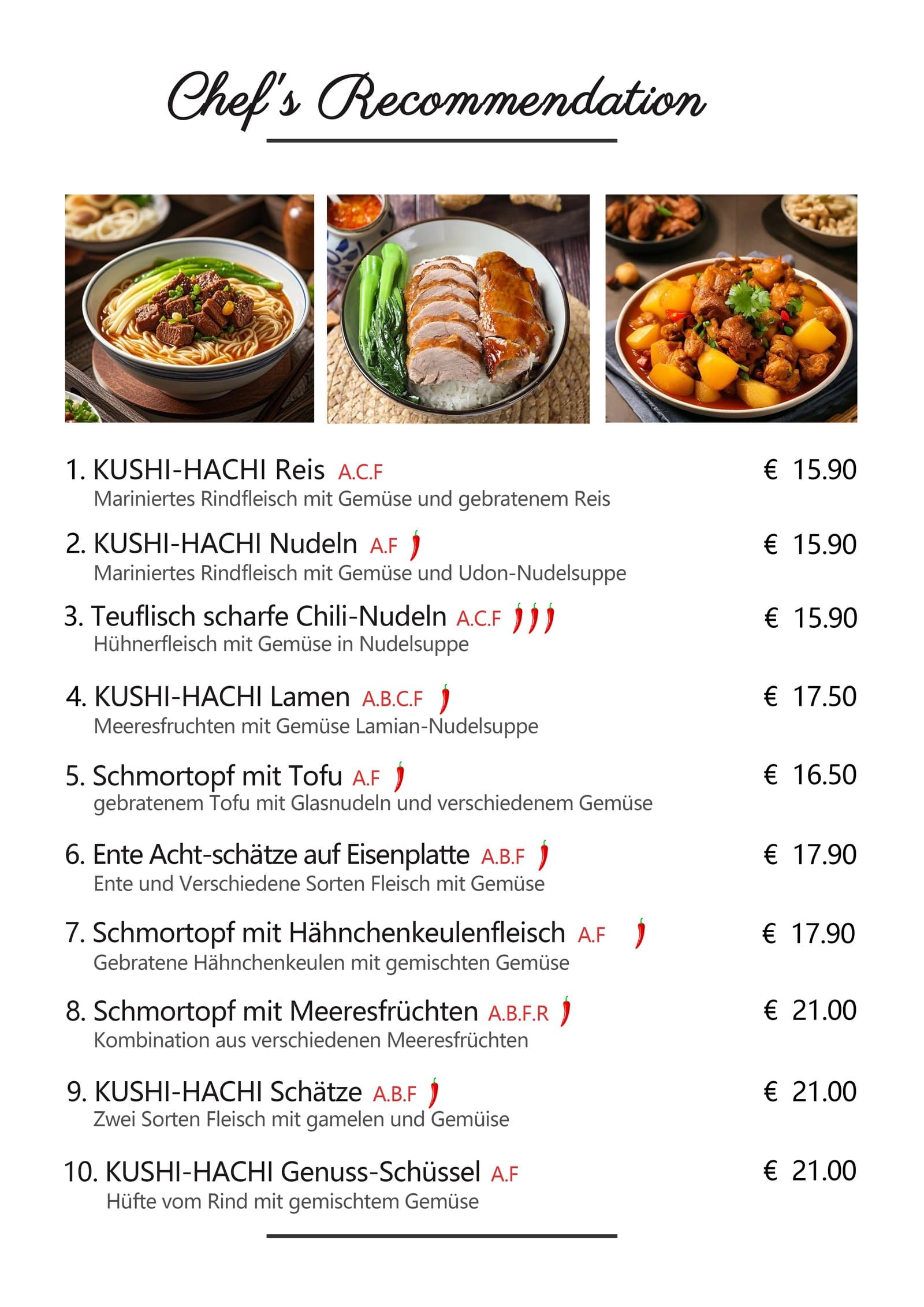 Speisekarte – Empfehlungen des Küchenchefs