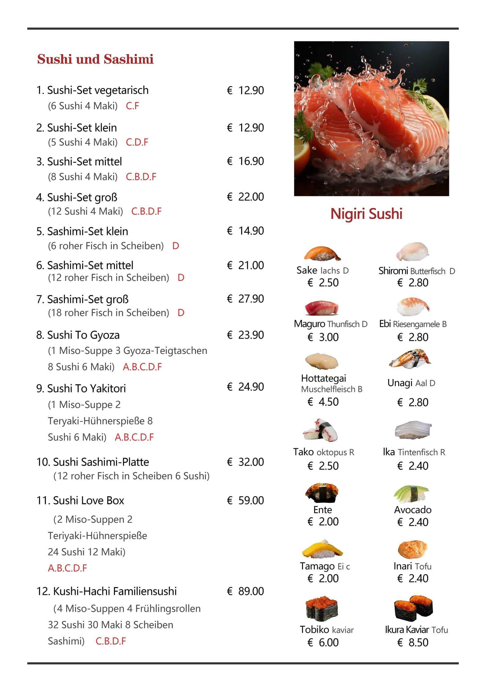 Speisekarte – Sushi und Sashimi
