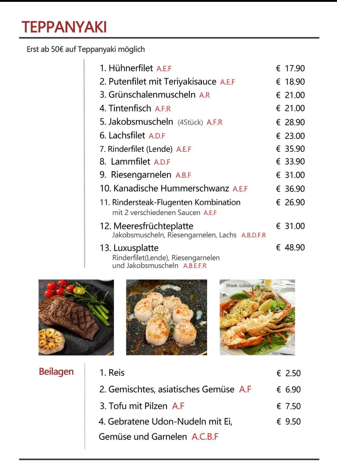Speisekarte – Teppanyaki und Beilagen