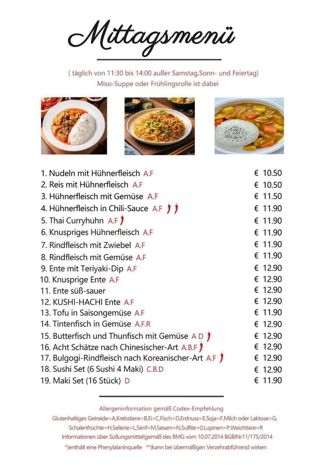 Mittagsmenü mit 19 Gerichten von Nudeln mit Hühnerfleisch bis Maki-Set